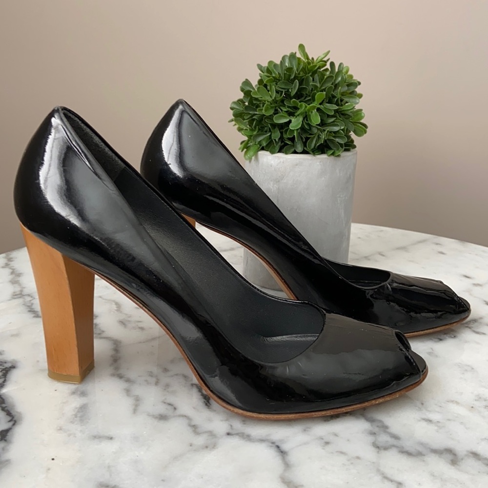Stuart Weitzman Patent Leather Peep Toe Heels